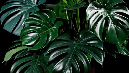 High-resolution photograph of dense, glossy green Monstera leaves, layered and overlapping, with natural lighting highlighting their texture and veins against a dark background.
