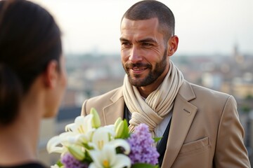 Romantic Couple Sharing Intimate Moment Amidst Beautiful Cityscape, Perfect for Wedding Invitations, Greeting Cards, or Wall Art.