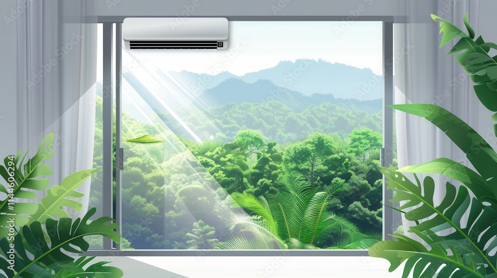 Aufkleber air conditioning unit installed on wall beside an open window offering a view of lush green mountain