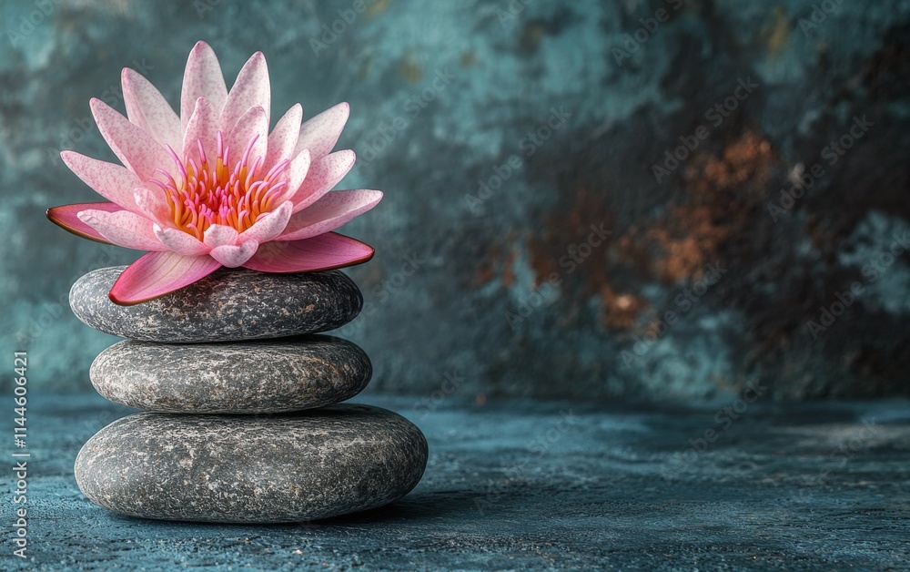 Poster tranquil lotus flower resting atop smooth stones in a serene setting reflecting calm and harmony in 