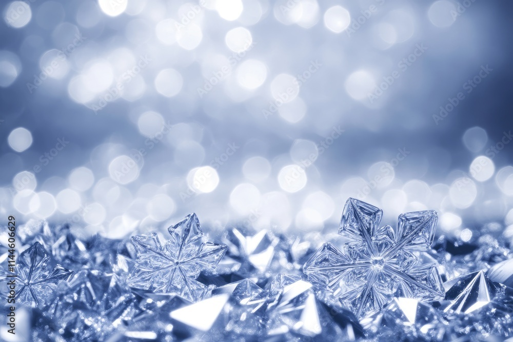 Poster delicate frost crystals scattered across a soft surface are illuminated by gentle, diffused light, c