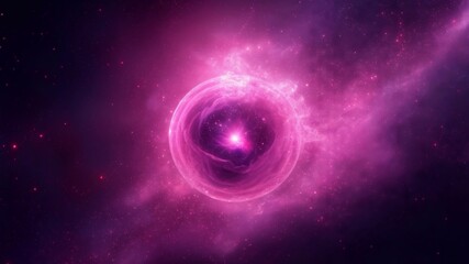 Naklejka premium Pink and purple glowing nebula sphere with a swirling core, surrounded by particles, cosmic atmosphere background.