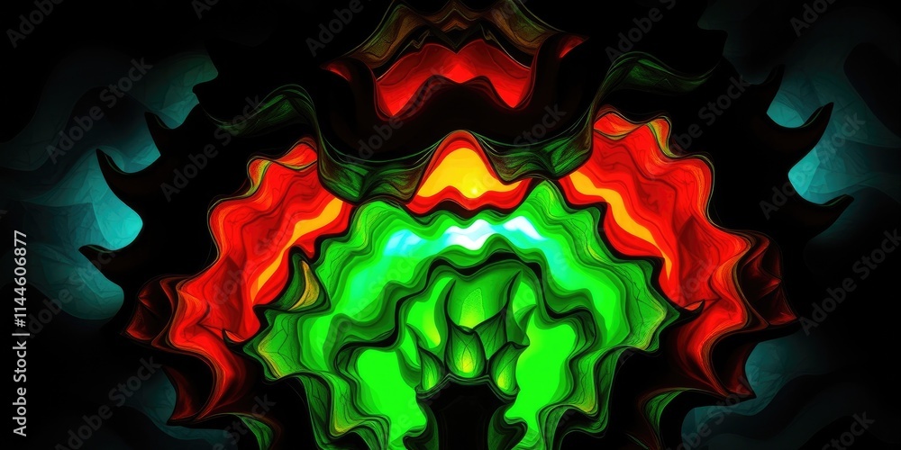 Poster an explosion of colors forms an intricate design, where vibrant reds and greens dance against a dark