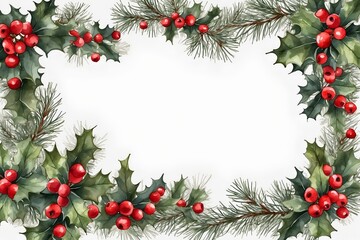 Festive Christmas watercolor illustration border of red holly berries, fir branches and pine needles, place for text, rectangle frame for design, isolated on white background, invitation template