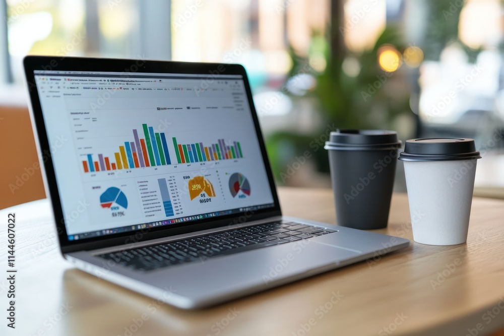 Poster colorful laptop displaying data charts on table