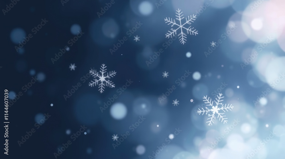 Poster delicate snowflakes gently twirl and drift across a tranquil blue backdrop, creating a magical winte