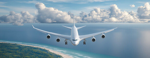 Commercial passenger aircraft flying over a tropical landscape with beach in the foreground. blue...