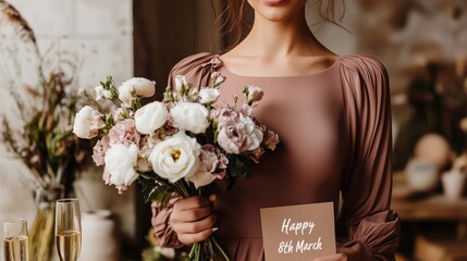Cropped image of woman in mocha color dress showing beautiful bouquet of flowers and greeting card with 8th of march text