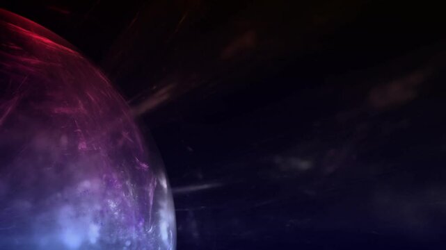 futuristisches violett leuchtendes Plasma im Weltall, Gasplanet, r&auml;umlich, 3D, Tiefenunsch&auml;rfe, Hintergrund, Technologie, Wissenschaft, ruhig
