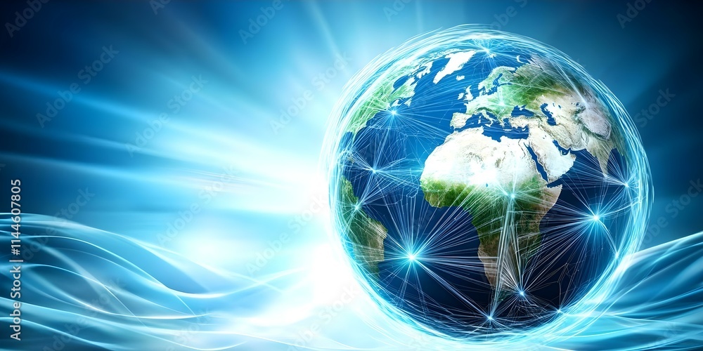 Poster a digitally rendered globe with glowing lines and light effects, symbolizing connectivity and global