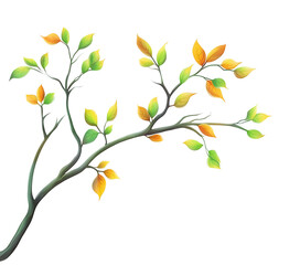 A tree branch with leaves light green and orange colors on isolated transparent background, png


