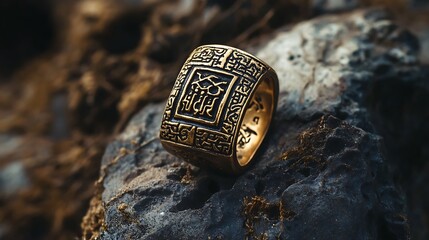 Ornate gold signet ring on rock.
