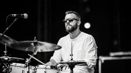 Black and white photo of a male drummer performing on stage.