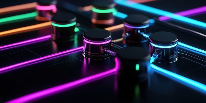 System hardware implementation concept. Vibrant neon buttons and lines create a dynamic, tech-inspired visual with a modern aesthetic.