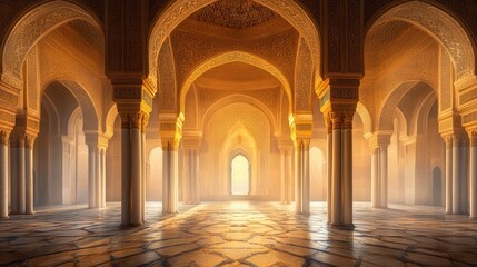 Fototapeta premium Ethereal Interior of Majestic Architectural Space with Intricate Archways and Warm Golden Light Streaming Through Windows