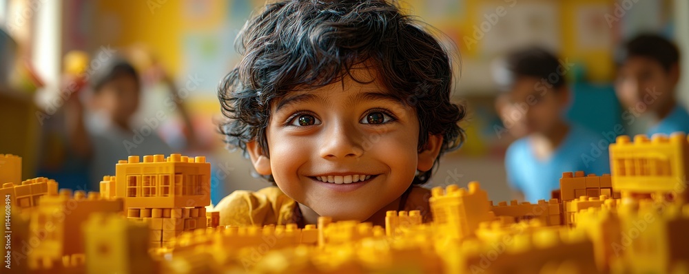 Poster young boy smiling while playing with yellow building blocks in a classroom