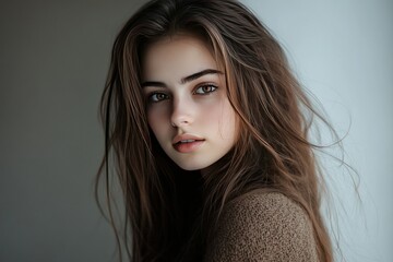Fototapeta premium Young Woman with Flowing Hair in Soft Portrait