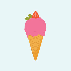 Ice cream in pink cone with strawberry topping, dessert, sweet street food for poster and web icon