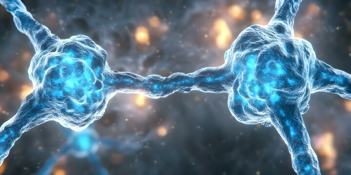 Two neurons connected by synapses, illustrating neural communication within the brain. Concept Neural Communication, Synaptic Connections, Brain Function, Neuron Interaction, Neurotransmitter Release