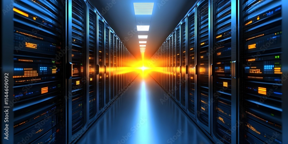 Aufkleber a hallway of server racks illuminated by bright light at the end, creating a futuristic data center 