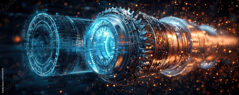 Poster high tech digital visualization of a futuristic machine component with technology vibes