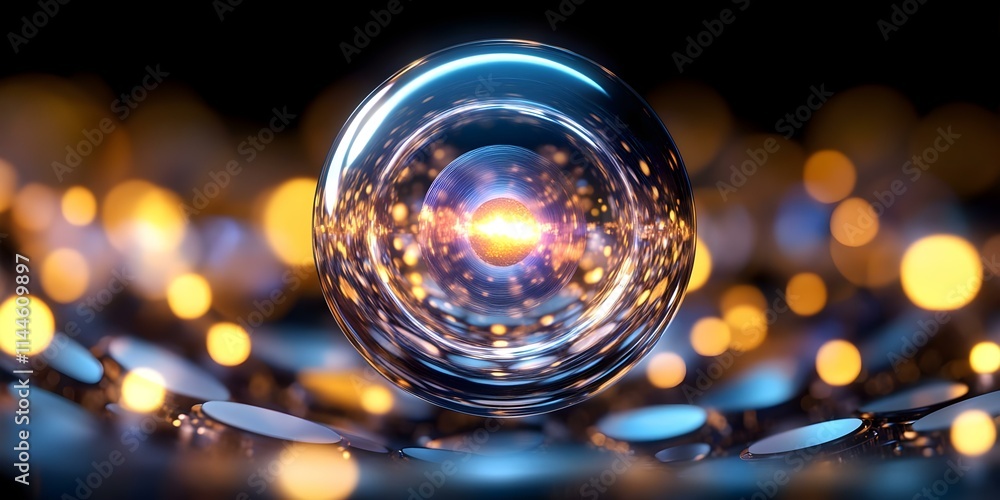 Aufkleber a reflective sphere surrounded by glowing lights, creating a vibrant and futuristic visual effect. c
