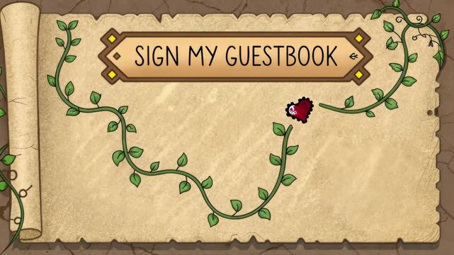 An aged parchment texture background with a whimsical Sign My Guestbook button framed by decorative pixel art vines and a friendly cursor icon with a smiling face hovering next to