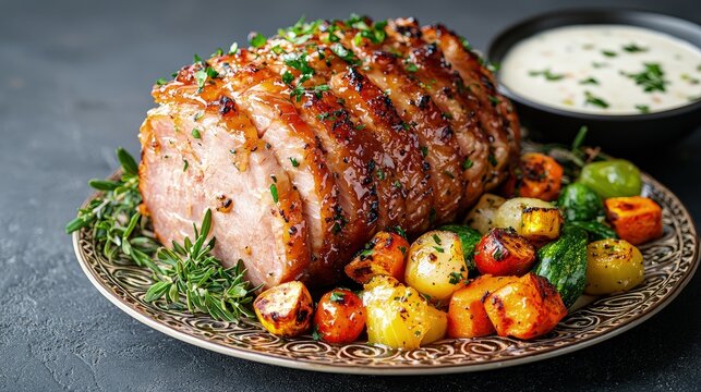 Glazed ham with roasted vegetables and creamy sauce.
