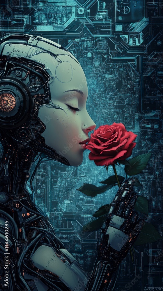 Poster a futuristic robot with sleek, intricate details holds a red rose against a backdrop of circuit-like
