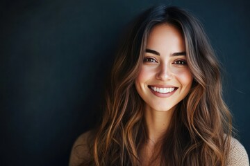 Naklejka premium Joyful Woman with Long Wavy Hair Smiling Brightly