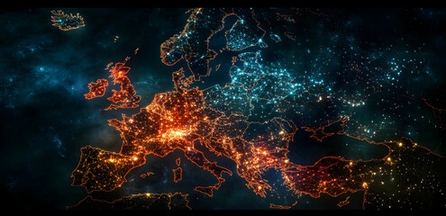Fototapeta premium A map of Europe with glowing connections between cities