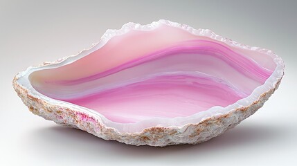 Polished pink agate geode, sliced and hollowed, showcasing internal banding and texture.