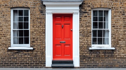 Bright red door welcomes visitors to a charming brick home with white windows, showcasing classic architecture