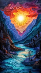 Captivating digital depicting a majestic dreamlike landscape with a vibrant colorful aurora filling the sky above a serene waterfall and glowing river flowing through a rugged mountainous terrain