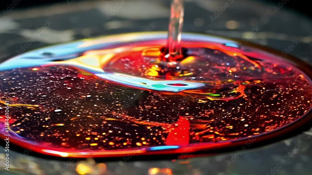 Poster dynamic camera follows scarlet oil droplets expanding on a textured slate background, iridescent pat