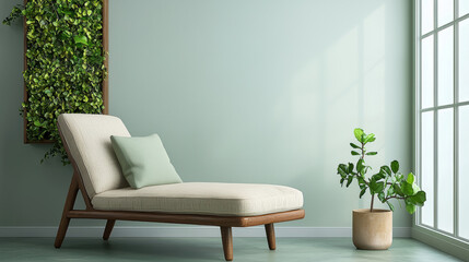 modern eco friendly living room with minimalist chaise lounge and indoor plants
