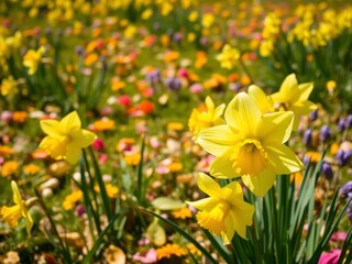 Obraz premium A beautiful field of vibrant yellow daffodil flowers in full bloom, outdoor, daffodils, petals