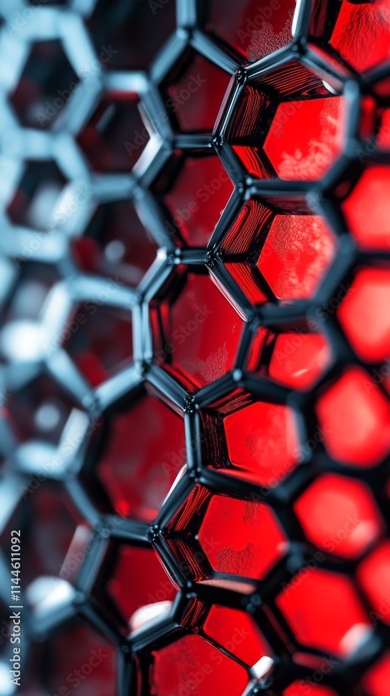 Poster an intricate close-up of a honeycomb structure with metallic black and radiant red highlights. ideal