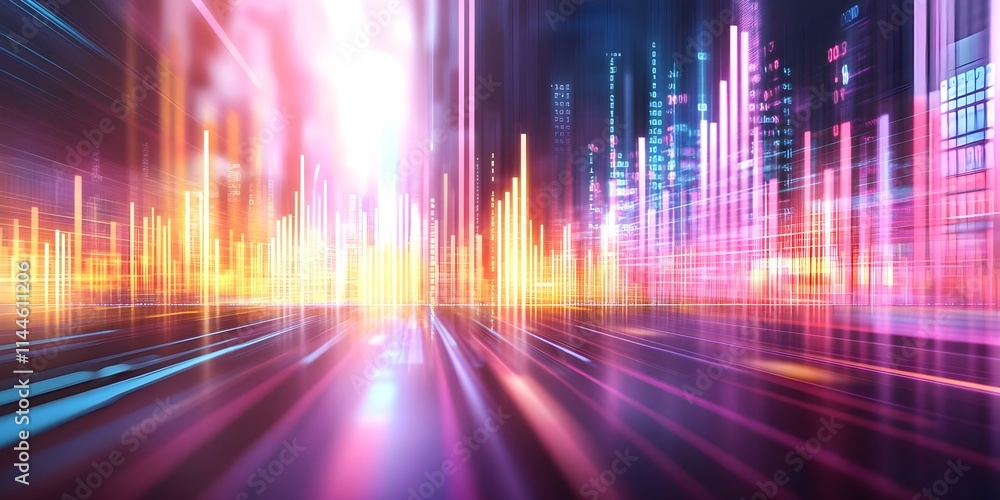 Poster a vibrant, abstract representation of digital data or sound waves, featuring bright colors and dynam