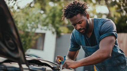 A man diligently repairing his car in the driveway during a sunny afternoon, showcasing hands-on automotive skills and pride in work. Generative AI