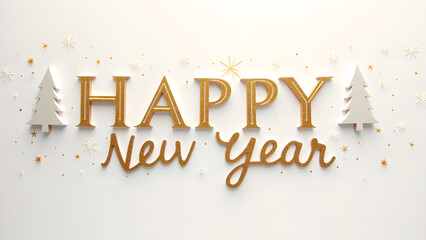 Happy New Year golden text with Christmas trees. Concept of celebration, new year, and holiday.