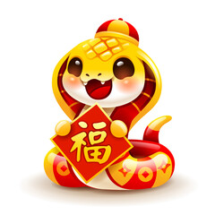 Chinese New Year cute snake character with Chinese greeting symbol. Isolated. Translation - Good fortune.