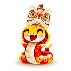 Chinese New Year cute snake character with Lion Dance Head. Isolated.