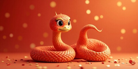 Fototapeta premium Golden and Red Cute Baby Dragon for a Child, Web Banner Celebrating the 2025 Chinese and Asian Year of the Dragon with Copy Space.