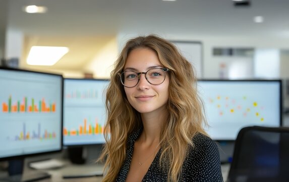 Confident data analyst smiles, surrounded by vibrant charts on multiple computer screens in a modern office setting. A portrait of success.