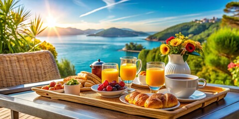 Fototapeta premium Stunning Seaside Breakfast Tray: Vacation Getaway Action Shot
