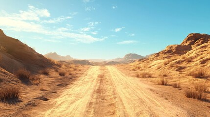 Fototapeta premium A peaceful dirt road cuts through a stunning desert landscape, surrounded by rugged mountains under a bright blue sky. Ideal for travel and adventure themes.. AI Generation
