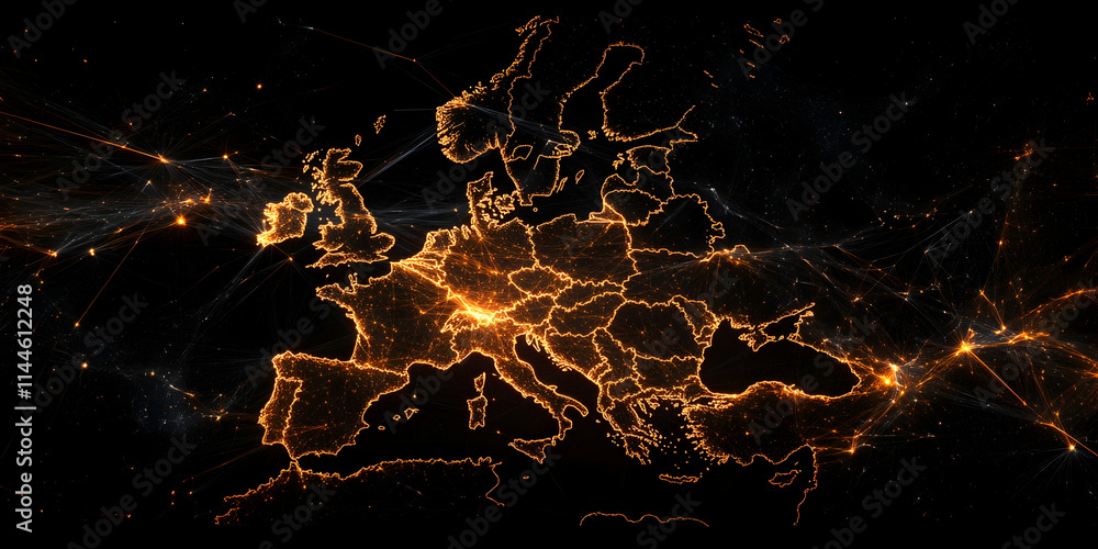 Poster a map of europe with glowing connections between cities, representing global connectivity and the mo