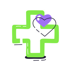 Green medical cross with a purple heart symbolizes health and care.