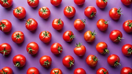 Vibrant Purple Tomato Flat Lay: Red Tomato Pattern Background Stock Photo